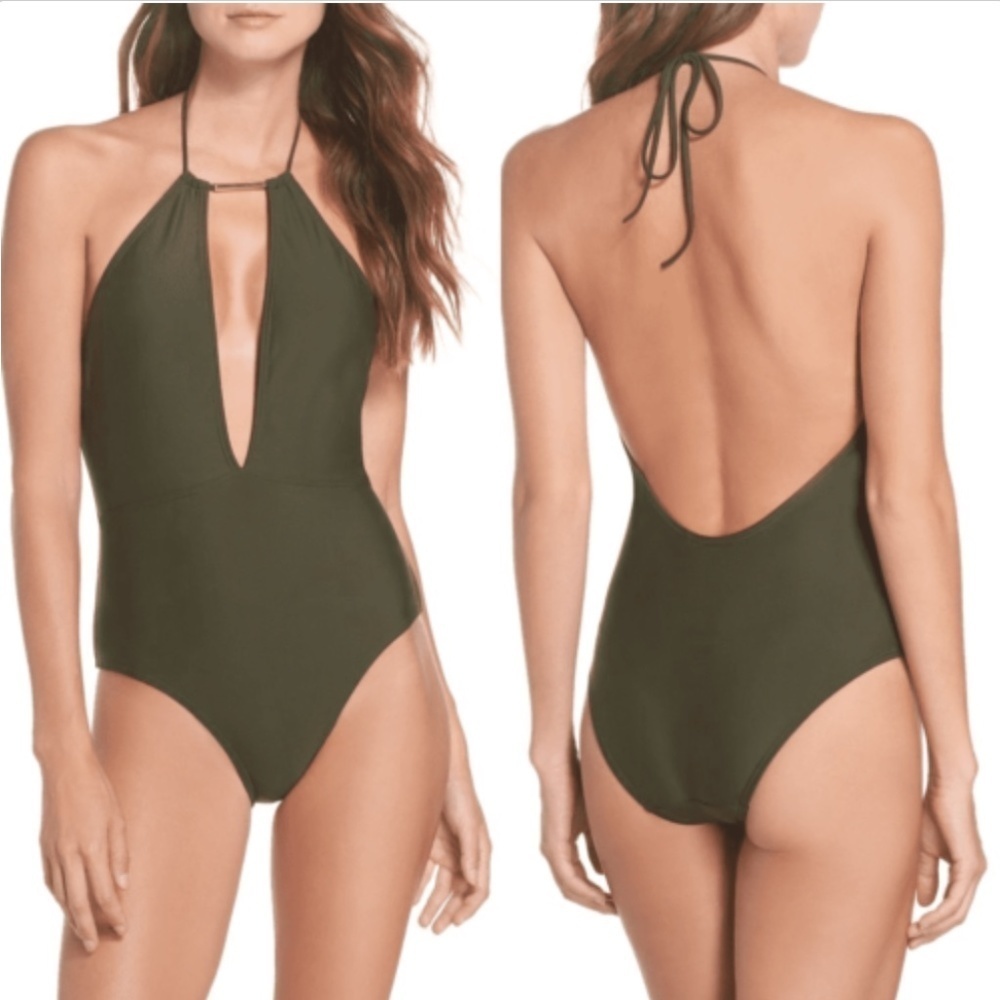 TED BAKER Swim Women Size 0 XXS Green PIKAA Halter One Piece V-Neck NWT
